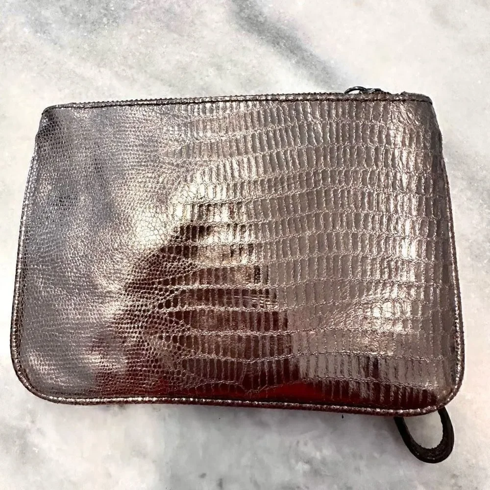 Stella & Dot Metallic Vegan Leather Snakeskin Finished Wristlet Bronze Small